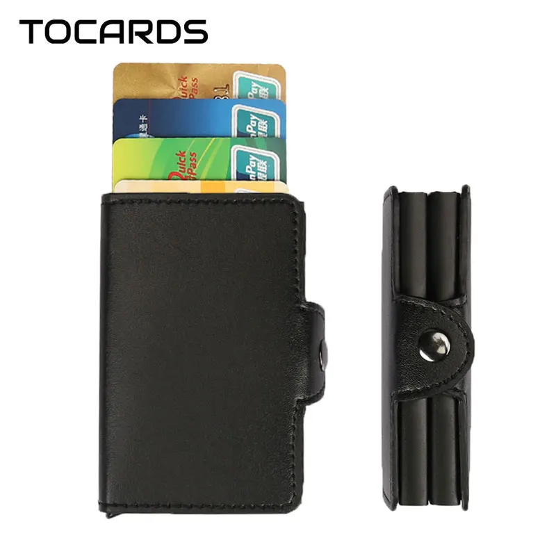 

Hot! Automatic Aluminium ID Credit Card Holder Multifunction Men Double Alloy Hasp Leather Business ID Cards Case Wallet for Man