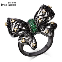 DreamCarnival 1989 Rings for Women Black Gold Color Green CZ Wedding Party Jewelry Butterfly Bow Knot Femmes Anneau Moda ZR14177