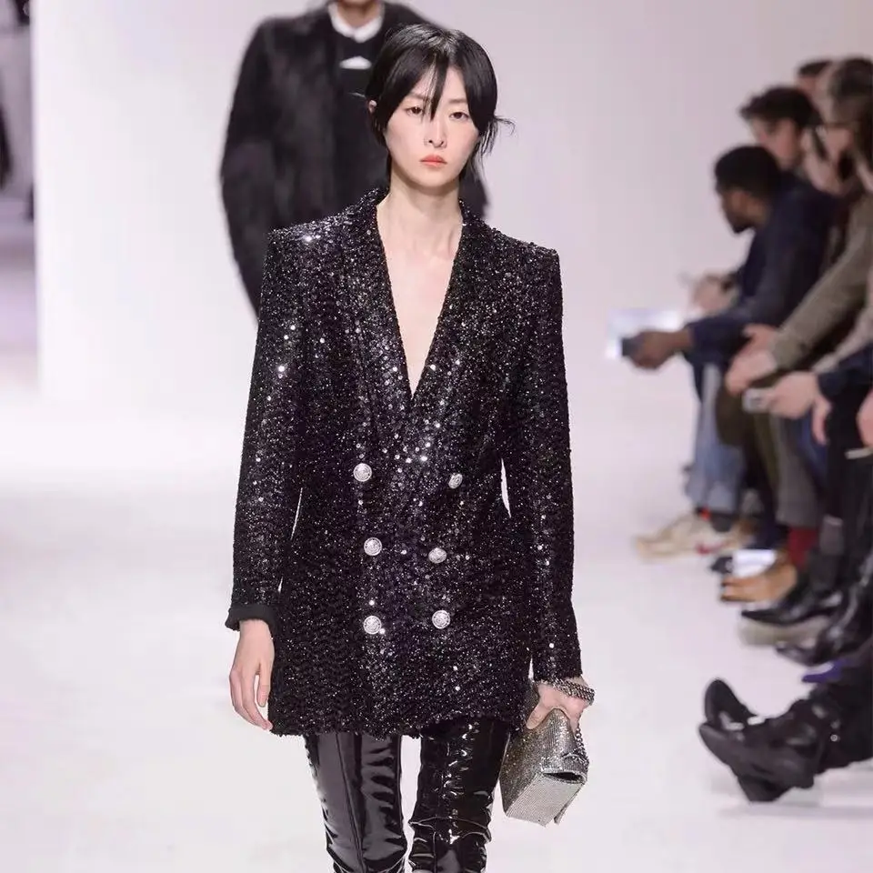 

Blazer Feminino 2019 Spring Autumn Bright Lurex Sequins Shiny Medium Long Suit Women Double Breasted Black Blazer Jc2660