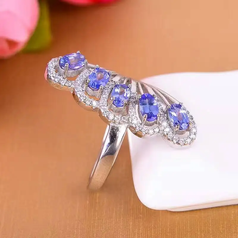 Новое модное серебряное танзанитное кольцо 5 шт. 4*6 мм натуральное VVS танзанитовое кольцо с драгоценным камнем твердое кольцо из стерлингового серебра 925 пробы танзанитное кольцо