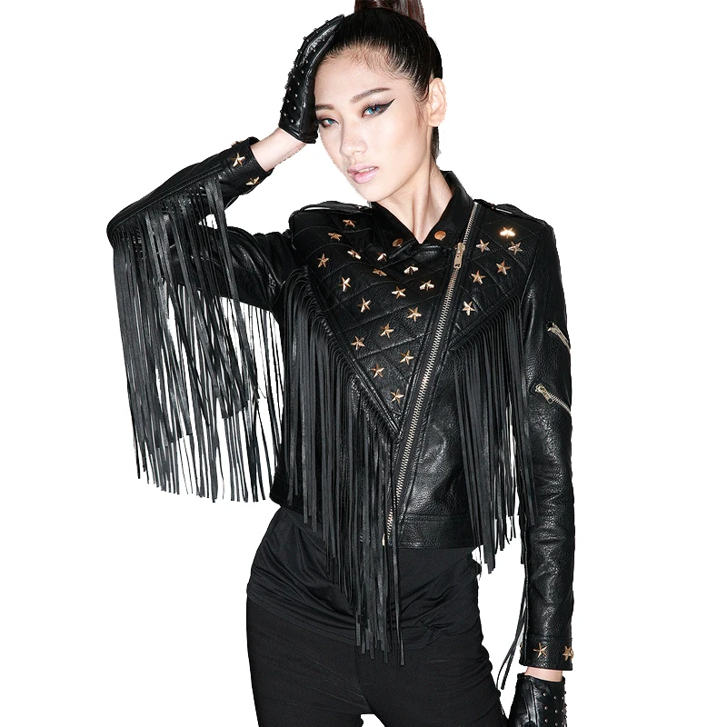

Spring Autumn Women brand Quilted PU Leather Five Star rivet beaded Slim Long Fringed motorcycle Short jacket Female Coat