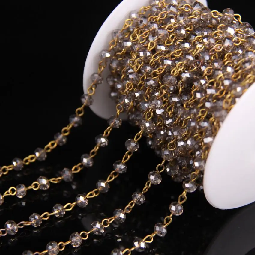

Clear Grey Glass Faceted Rondelle Beads Rosary Chains supplies,5Meters Glass Wire Wrapped Brass Chains Necklace Jewelry Crafts
