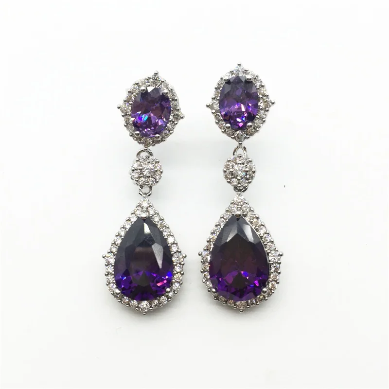 

Fashion Purple Sterling Silver Jewelry Large CZ Crystal Long Drop Earrings For Women Free shipping CZ088