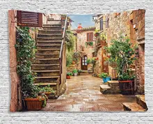 Toscana Tapeçaria Vista de uma Antiga Rua do Mediterrâneo com Casas na Cidade Italiana De Pedra em pedra Cultura Rural Imprimir Tapeçaria