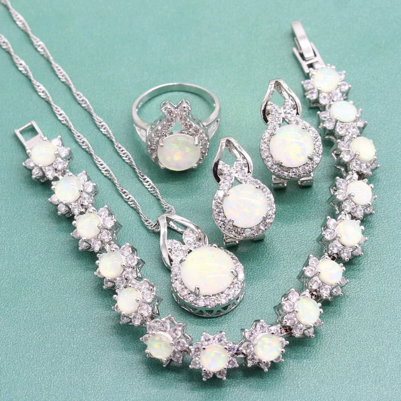 

Silver 925 Wedding Jewlery Sets for Women White Fire Opals Engagement Earrings Sets Ring Bracelet Necklace Free Jewelry Box