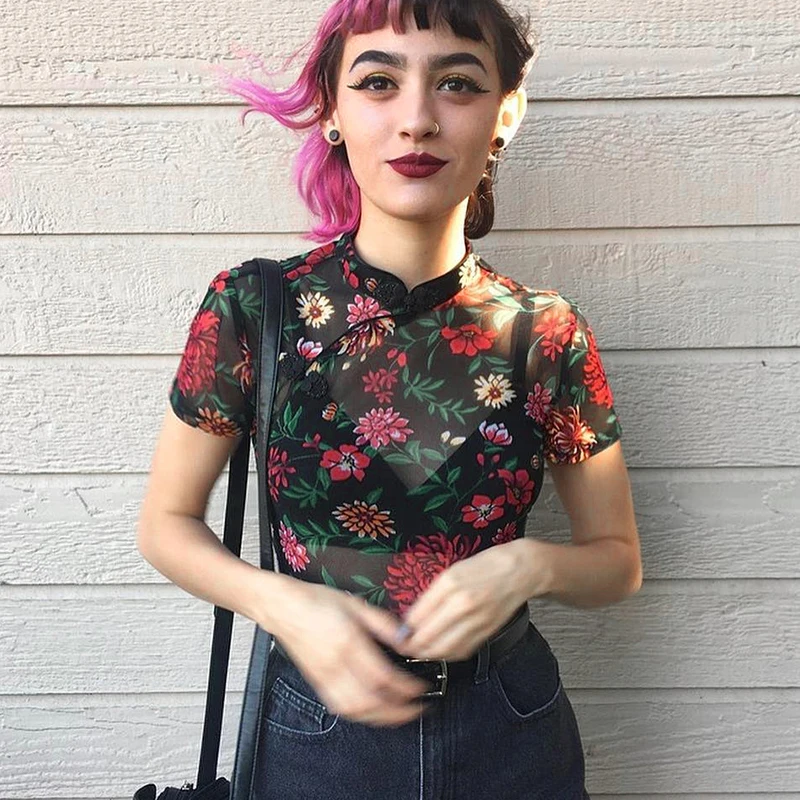 

Vogue Print Summer Mesh Tops Women Fashion Slim Cheongsam Perspective Short Sleeve T-Shirts Chinese Style Sexy Tees Tops Ladies