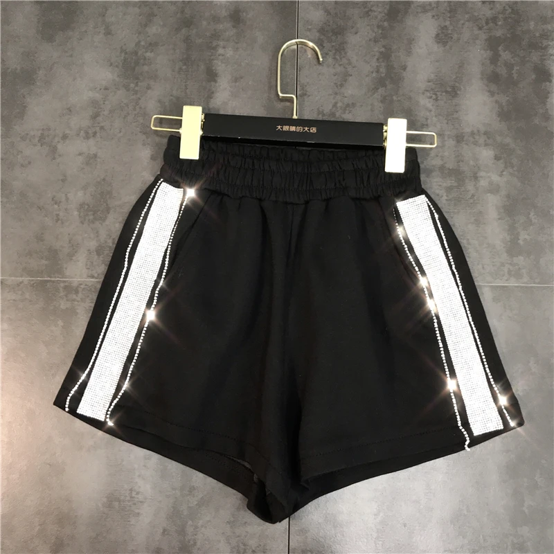 

2019 summer new side rhinestone hot drilling drawstring wild three-point shorts female