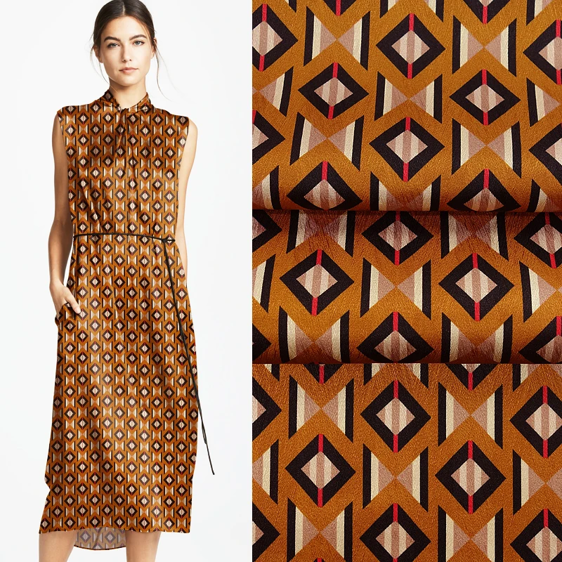 

wide 118cm/46'' Caramel Color with Rhombic Triangular Stripes Stretch Silk Satin Apparel Fabric dress material