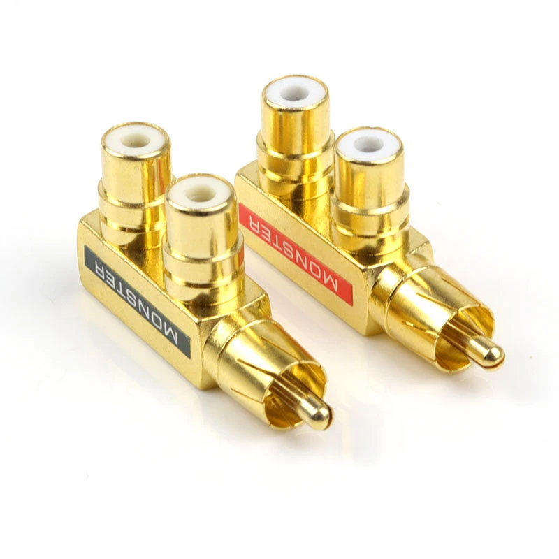 

1 Male To 2 Female Converter RCA Audio Video Plug Connector 90 Degree Gold Plated RCA Plug Adapter