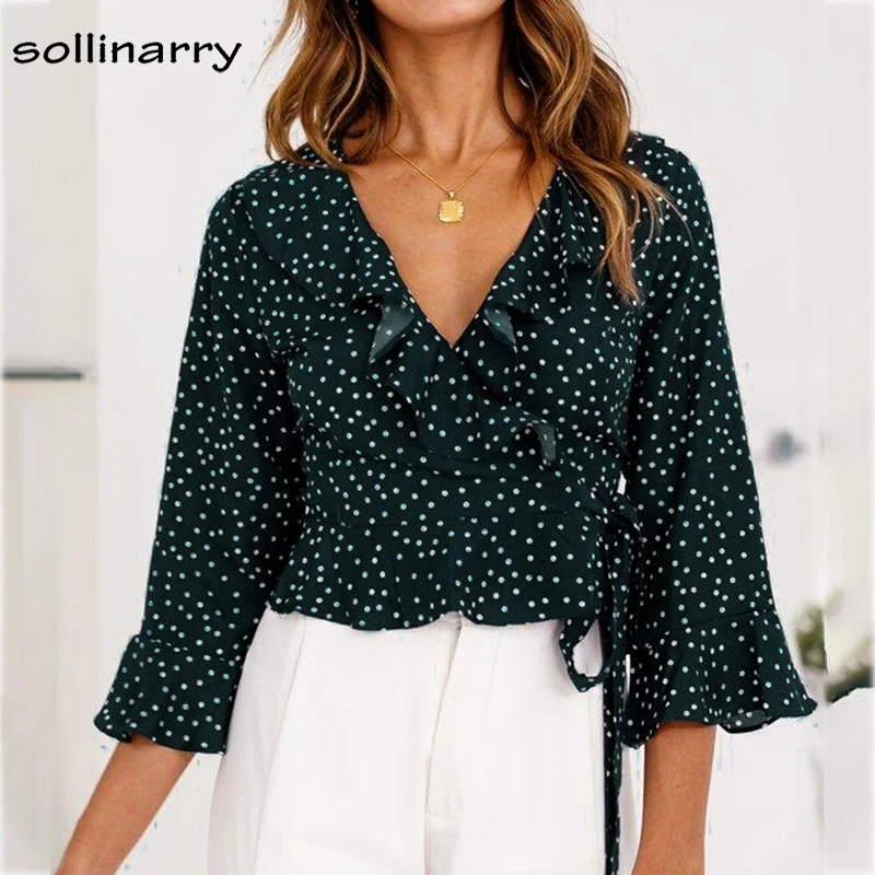 Sollinarry Long Sleeve Ruffles Blusa V Neck Sexy Short Blouse Shirt Feminina Polka Dot Boho Crop Tops Blouse 2018 Blouses