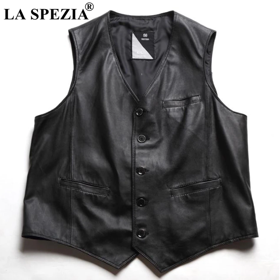 LA SPEZIA Genuine Sheepskin Leather Vest For Men Black Slim Fit Sleeveless Jacket Male Vintage Natural Leather Retro Waistcoat