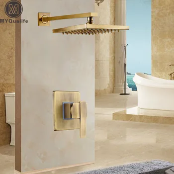 

Antique Brass Shower Faucet Set Single Handle Bath Shower Mixers Kits 8" Rainfall Showerhead Wall Mount Shower Arm
