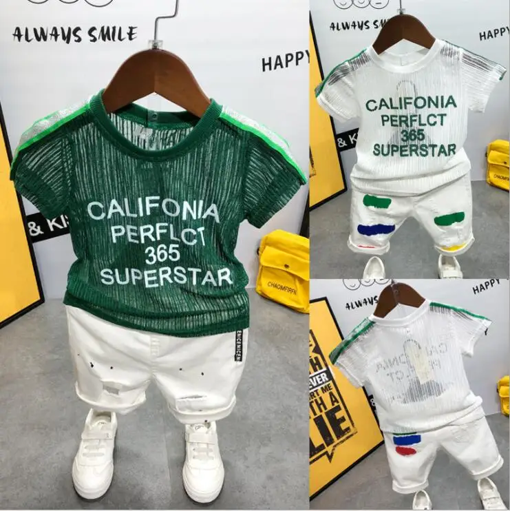 

Boys Sets Summer Sport Suits Boys Alphabet Boys Kids Sets Green White Color Boys Clothes T-Shirt + Shorts Boys Outfits 2-7Year