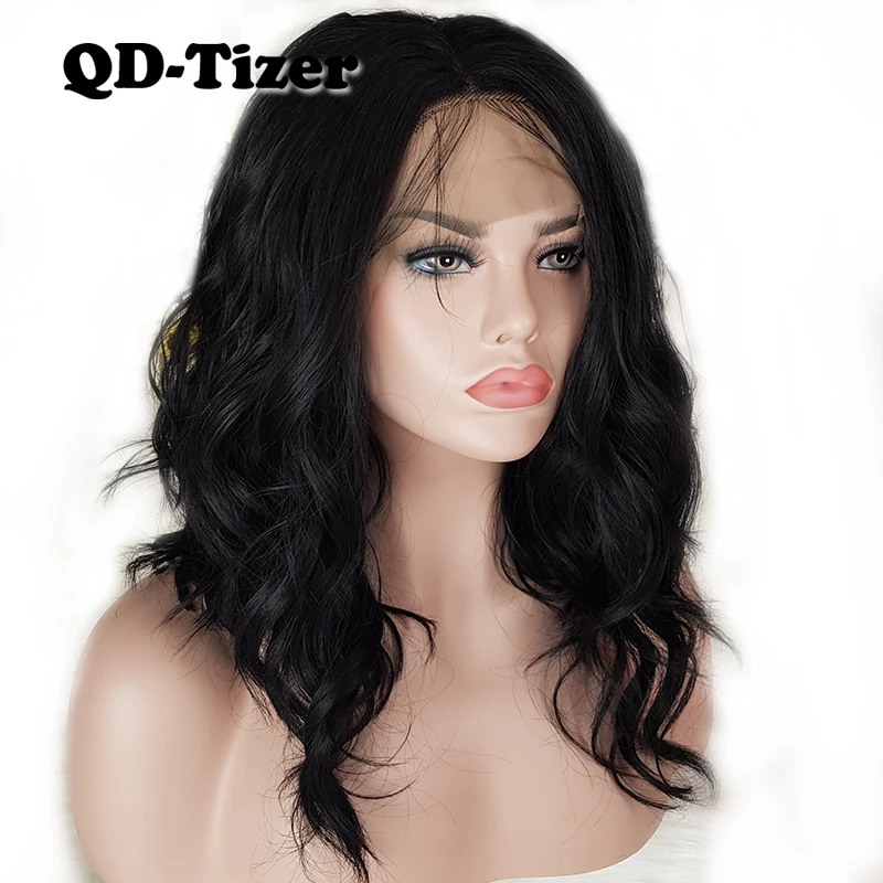 

QD-Tizer Short loose Wave Hair Lace Wigs with Baby Hair Black bob Wig Lob Hair Heat Resistant Synthetic Lace Front Wigs