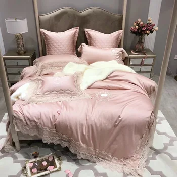 

Luxury Pink 100S Egyptian cotton Lace Embroidery Princess Bedding Set Queen King Size Duvet Cover Bed sheet/Linen Pillowcases