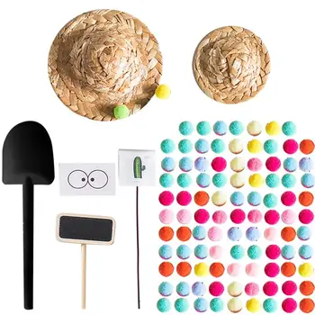 

Mini Straw Hat Cactus Shovel Decoration With DIY Hand-Woven Hat Rural Wool Ball Jewelry Creative Plant Decoration Supplies