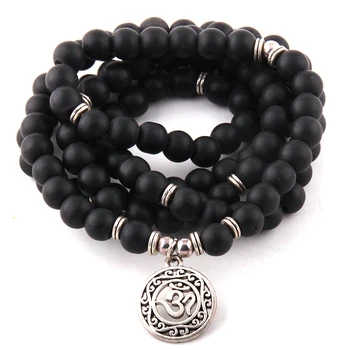

Fashion Jewelry 108 Black Beads Stone With Stone Lotus / OM Charm Yoga Bracelets & Necklace