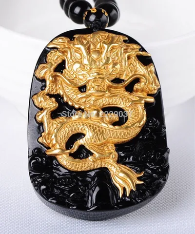 Atacado de Ouro Pingente para as para as Mulheres Pingentes de Moda o Envio Gratuito de Atacado de Ouro Natural Preto Obsidian Carving Dragão Sorte Amuleto Mulheres Homens Jóias
