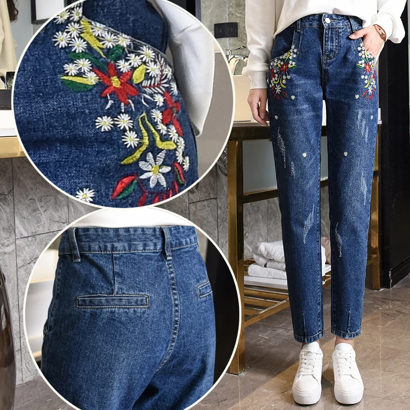 

2019 New Arrivals Blue High Waist Women Floral Embroidery Jeans Female Trousers Korean Slim Harem Pants Hot Sale
