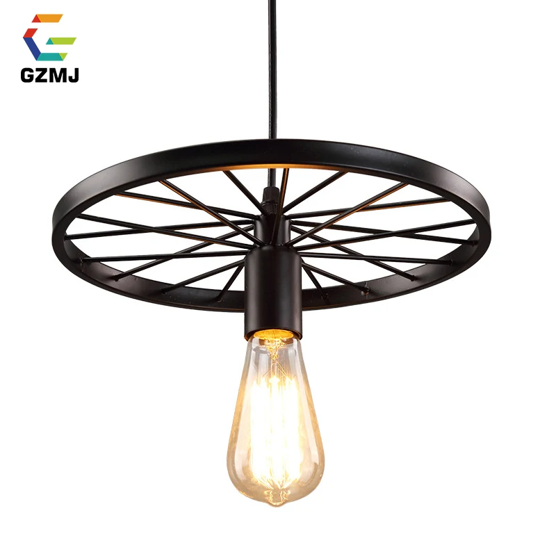 

GZMJ Creative Retro Metal Pendant Lights Black/Rusty Industrial Decor Wheel Hanging Lamp 90-260V LED Hanglamp for Bar Restaurant