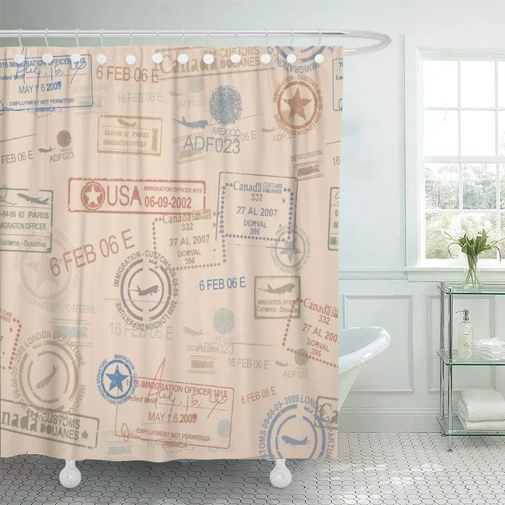 Fabric Shower Curtain With Hooks Blue Vintage Tiling Postage