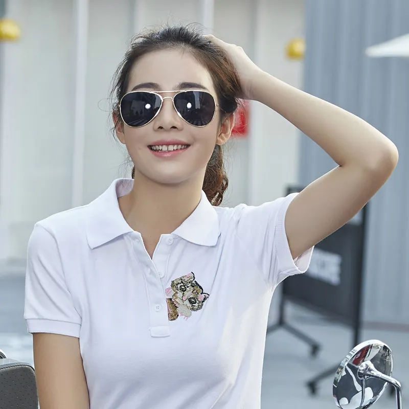 Women Embroidery Loose White Polo Shirt 