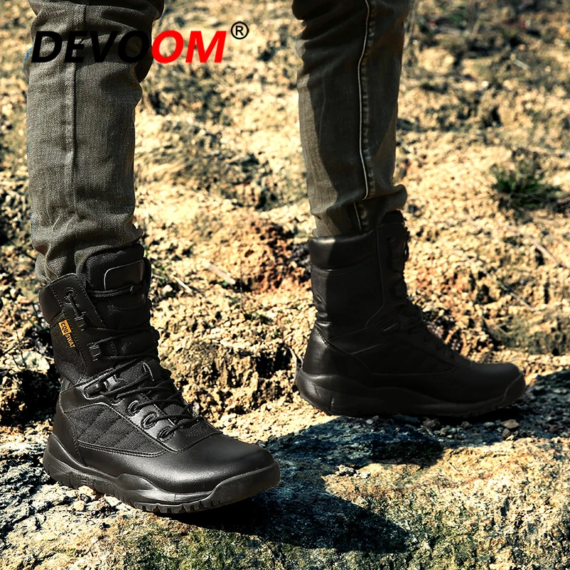Осенние треккинговые ботинки, мужские зимние армейские ботинки, тактические ботинки для мужчин, однотонные черные холщовые+ качественные кожаные ботинки