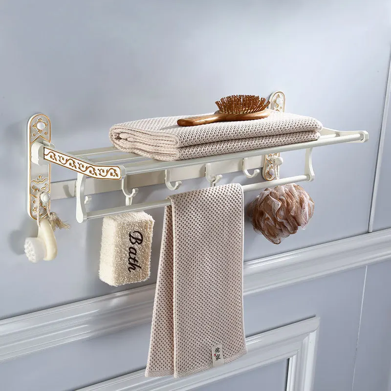 Foldable Antique Brass Bath Towel Rack Active Bathroom Towel Holder Double Towel Shelf With Hooks Bathroom Accessories white