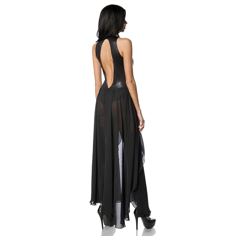 HU&GH 2017 New Stylish Jumpsuit For Women Black Catsuit Long Chiffon Deep V Neck Sleeveless Wetlook Faux Leather Sexy Bodysuit (6)