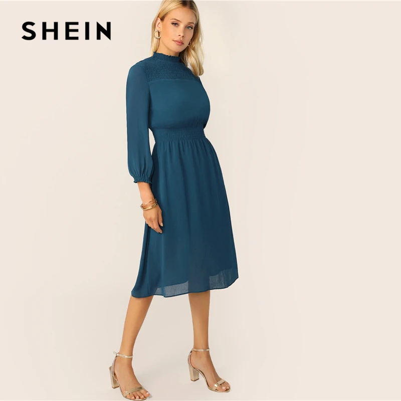 Online SHEIN Classy Blue Rüschen Neck Geraffte Joch und Taille Midi Kleid Frauen Frühling Herbst 2019 Keyhole Zurück Büro Dame Elegant kleider