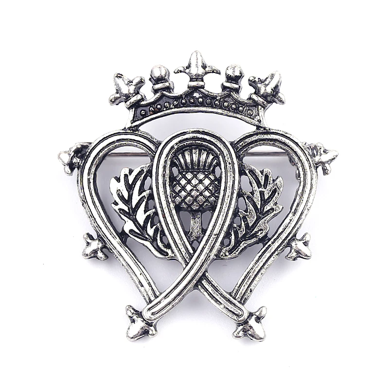 

Vintage Outlander Scottish National Flower Thistle Crown Brooches Pins Silver Double Heart Metal Jewelry Coat Bag Hat Statement