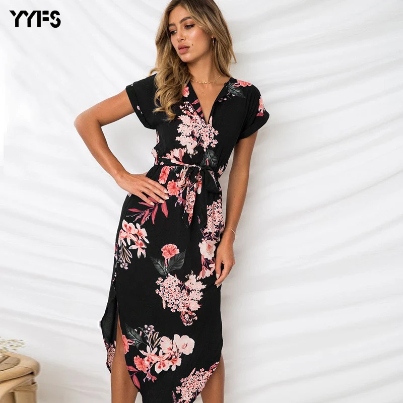 

YYFS Summer Women Beach Dress 2019 Boho Print Batwing Short Sleeve Tunic Bandage Bodycon Dress Midi Sheath Party Dress Vestidos