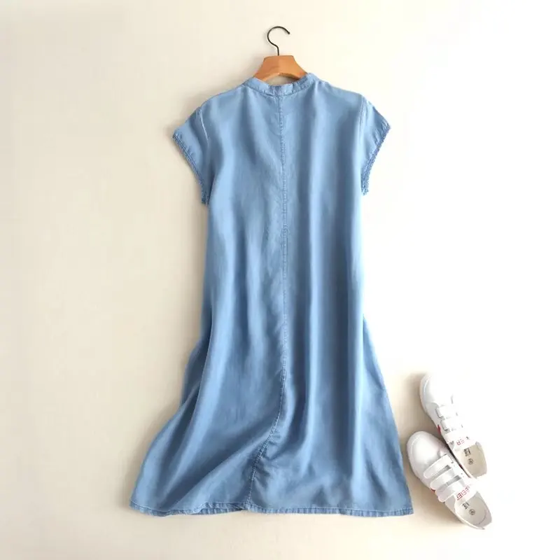 summer jeans dress women o neck short sleeves floral embroidery blue tencel denim dress cheongsam work casual vestido