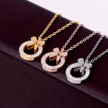 

Zircon bow circle necklace, titanium steel, women's, valentine's day gifts, fashion jewelry accessories wholesale,KA51110