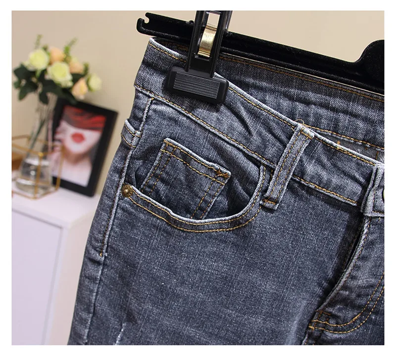 L-4XL плюс Размеры новые рваные женские стрейч Высокая талия джинсы женщина черный карандаш Повседневное джинсовые брюки, штаны манжеты