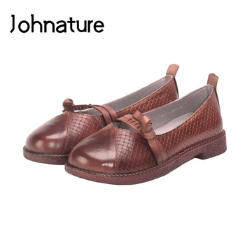 

Johnature 2020 New Spring/Autumn Genuine Leather Casual Loafers Round Toe Retro Buckle Shallow Slip-on Flats Women Shoes