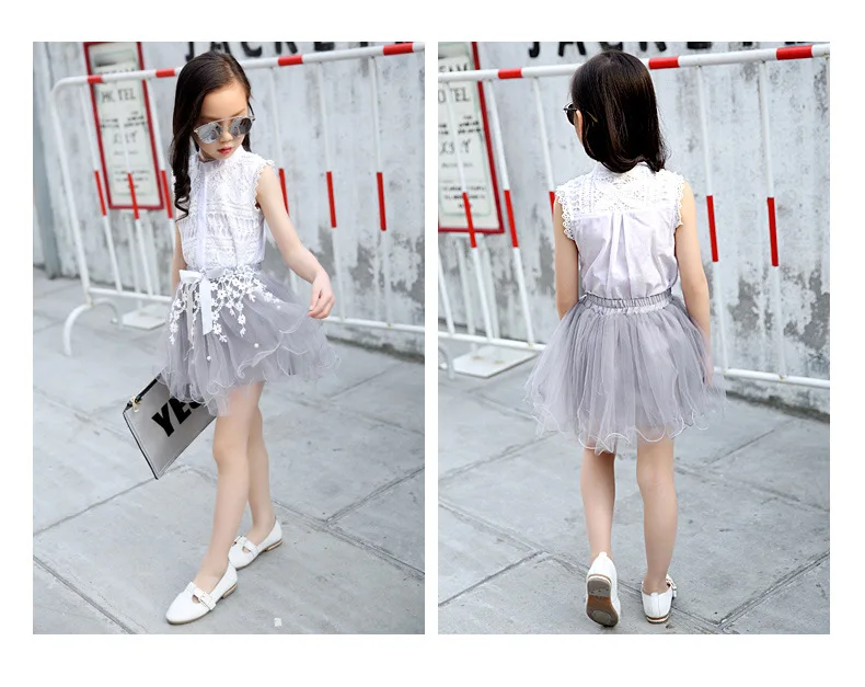 Summer Children Clothing Set For Teen Girls Clothes Outfits 2019 Fashion Lace Tops Flower Tule Skirt 2Pcs Comfortable Kids Suit (2)