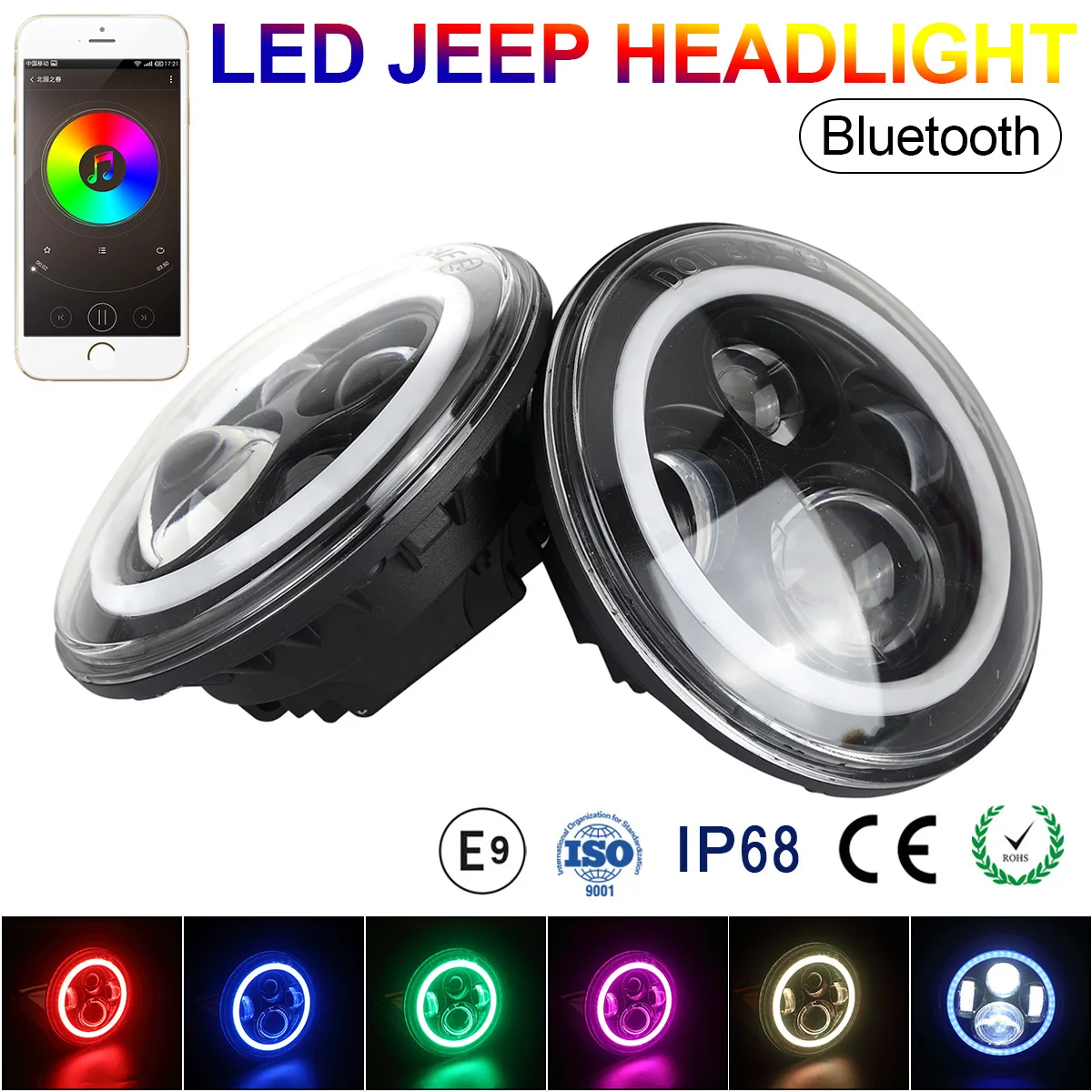 

2pcs 7 Inch 58W 3600LM Round LED Headlights Halo Ring support Phone Bluetooth App Controlled for Jeep / SUV