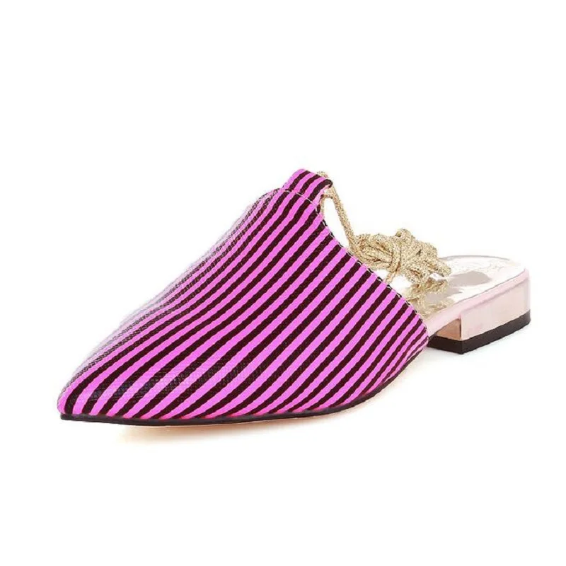 

Sexy Fashion Navy Tide Stripe Pointed Toe Ankle Strap Low-Heels Slippers Summer Sandals Flat Shoes Women Plus Size 61 - 62