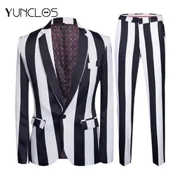 YUNCLOS 2019 новый для мужчин полосы печатных костюмы Slim Fit вечерние партии 2 шт. куртка и брюки для выпускного вечера костюмы