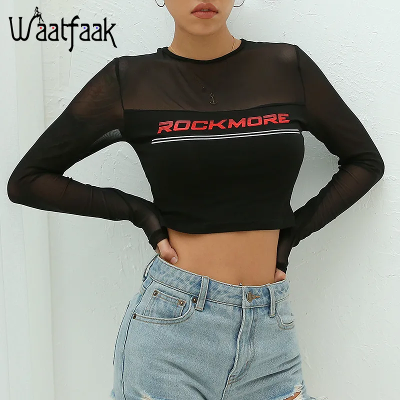 

Waatfaak Crop Black Long Sleeve Mesh Shirt Women Splice Cotton T-shirt Sexy Slim Waist Knitted Tshirt O-neck Letter Top Kawaii