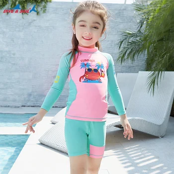 

Gilrs Pink Green Swimsuit 2 Piece Set Swimwear Long Sleeve Shirt+Shorts Beach Shirt Dive Skin 3-10Y Rash GuardsSun Protection