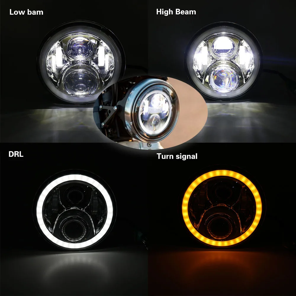 Set Motorbike Accessories 7 Turn Signal DRL Angel Eye Headlamp for Harley Softail Touring Daymaker 7 Inch Round LED Headlight (1)