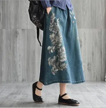 

Mori girl Vintage denim skirt Elastic waist Embroidery leaves Embroidery skirts