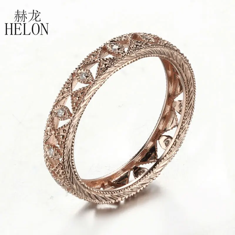 

HELON Solid 10K Rose Gold 100% Genuine Natural Diamonds Engagement Wedding Full Eternity Art Deco Antique Women Jewelry Ring