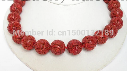 

j0074 18" 16mm natural round carved red sponge coral necklace