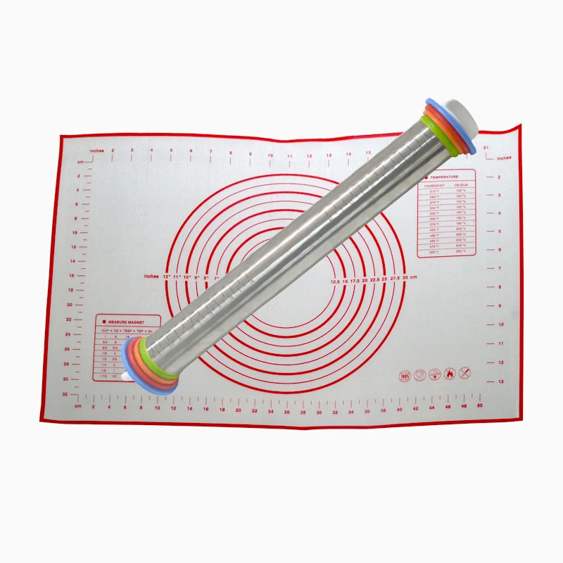 Stainless Steel Rolling Pin with Thickness Rings Adjustable Roller with Silicone Baking Mat for Dough Pizza Pastry Cookies