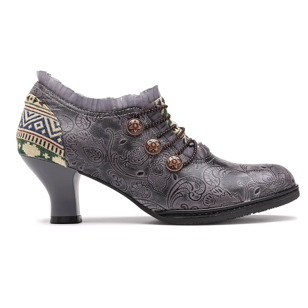 Винтажные туфли-лодочки из натуральной кожи; Женская обувь в стиле ретро; обувь в богемном стиле; сезон весна-осень; туфли-лодочки на шнурках и молнии; женская обувь на каблуке - Цвет: Серый