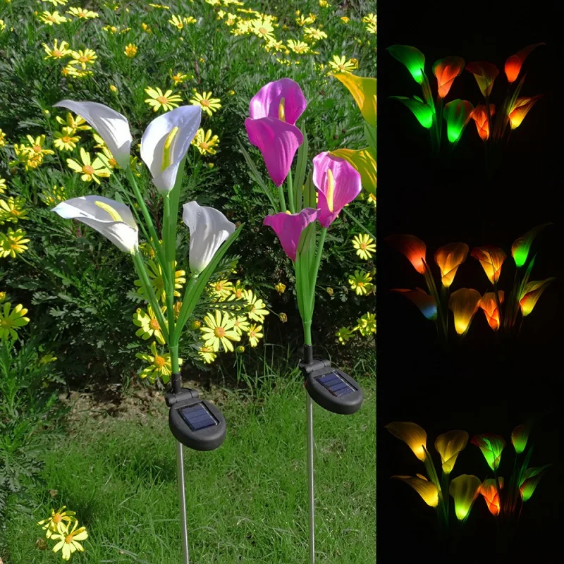 

Calla Color-Changing Lights 4 Heads Artificial LED Solar Garden Stake Lights Outdoor Waterproof Landscape Path Lights