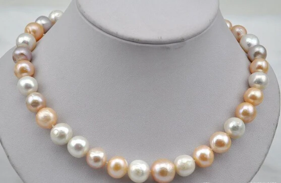 

HOT## Wholesale FREE SHIPPING >>>17"14mm round pink white purple freshwater pearl necklace